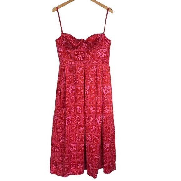 Agua Bendita Red Mambo Ipanema Escarlata Red Linen Printed Midi Summer Dress, XL - Picture 4 of 16